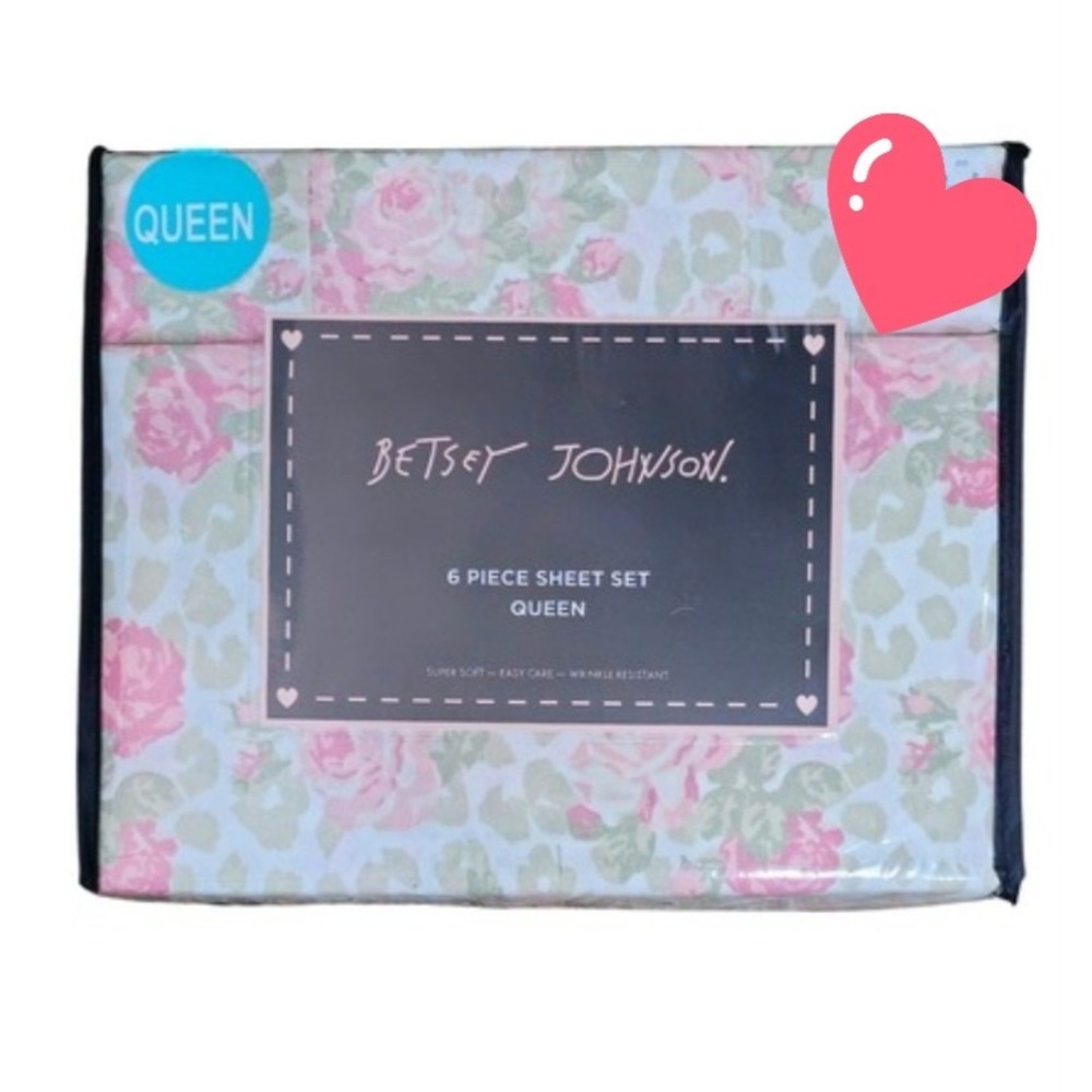 Betsey Johnson Queen Sheet Set 6 Piece Floral Leopard Pink Green Coquette NWT